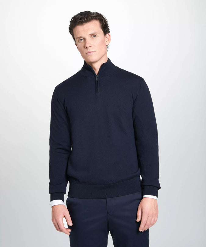 Navy Blue Merino Wool Zip Neck Sweater
