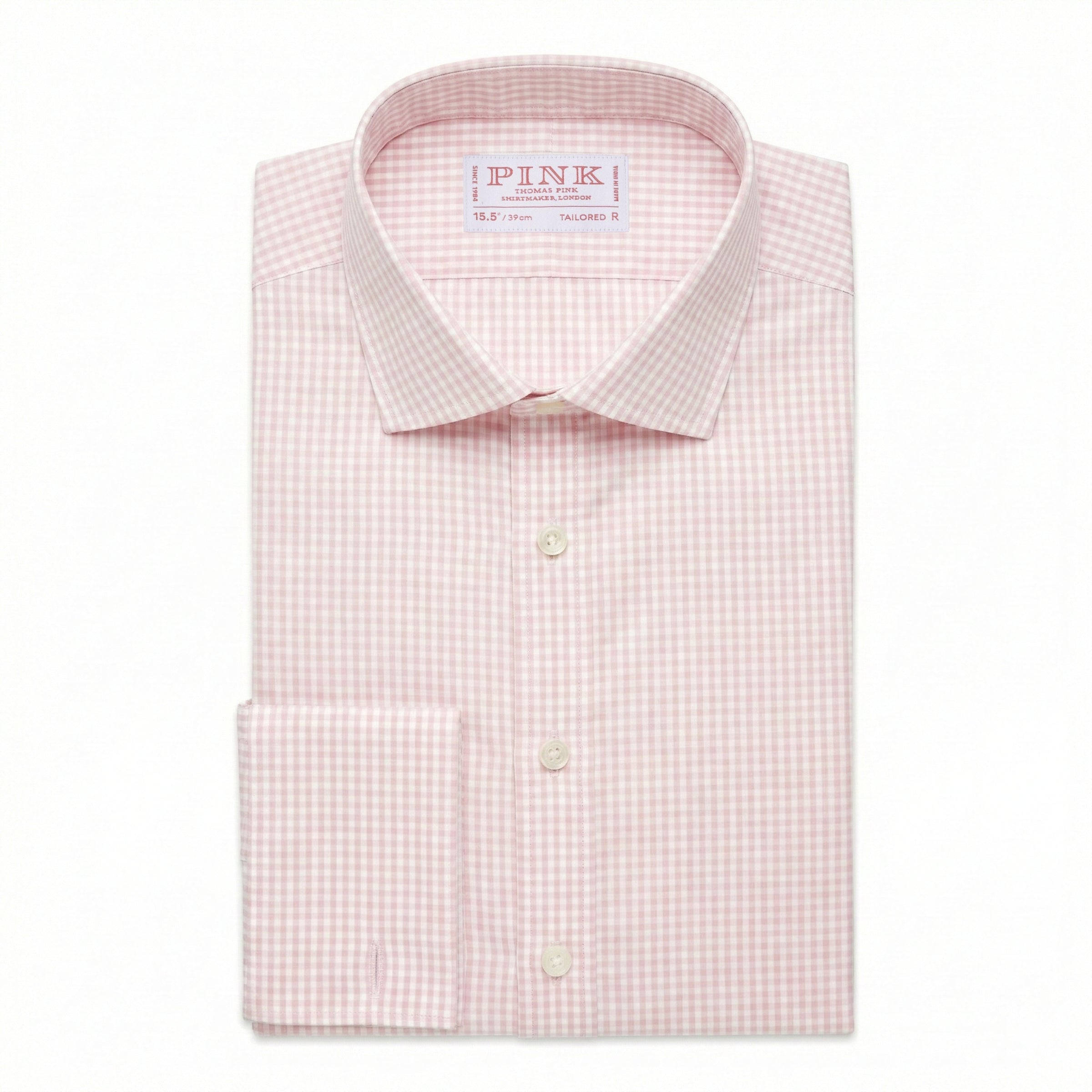 Pale Pink & White Tailored Fit Double Cuff Essential Gingham Formal Shirt