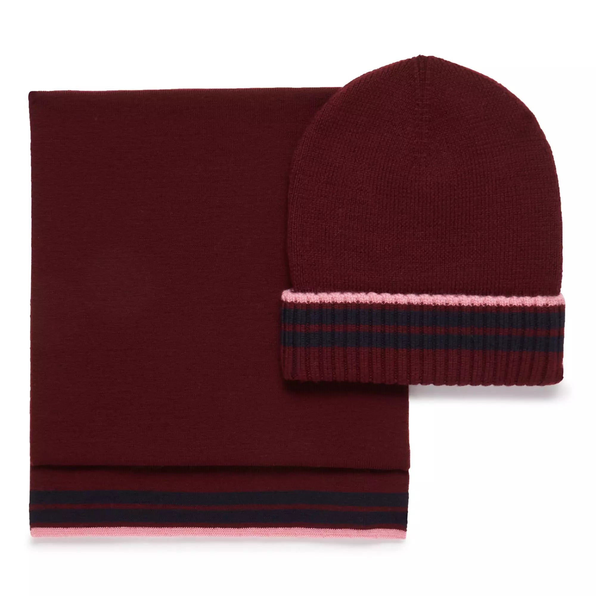 Burgundy Red Knitted Merino Wool Hat & Scarf Set