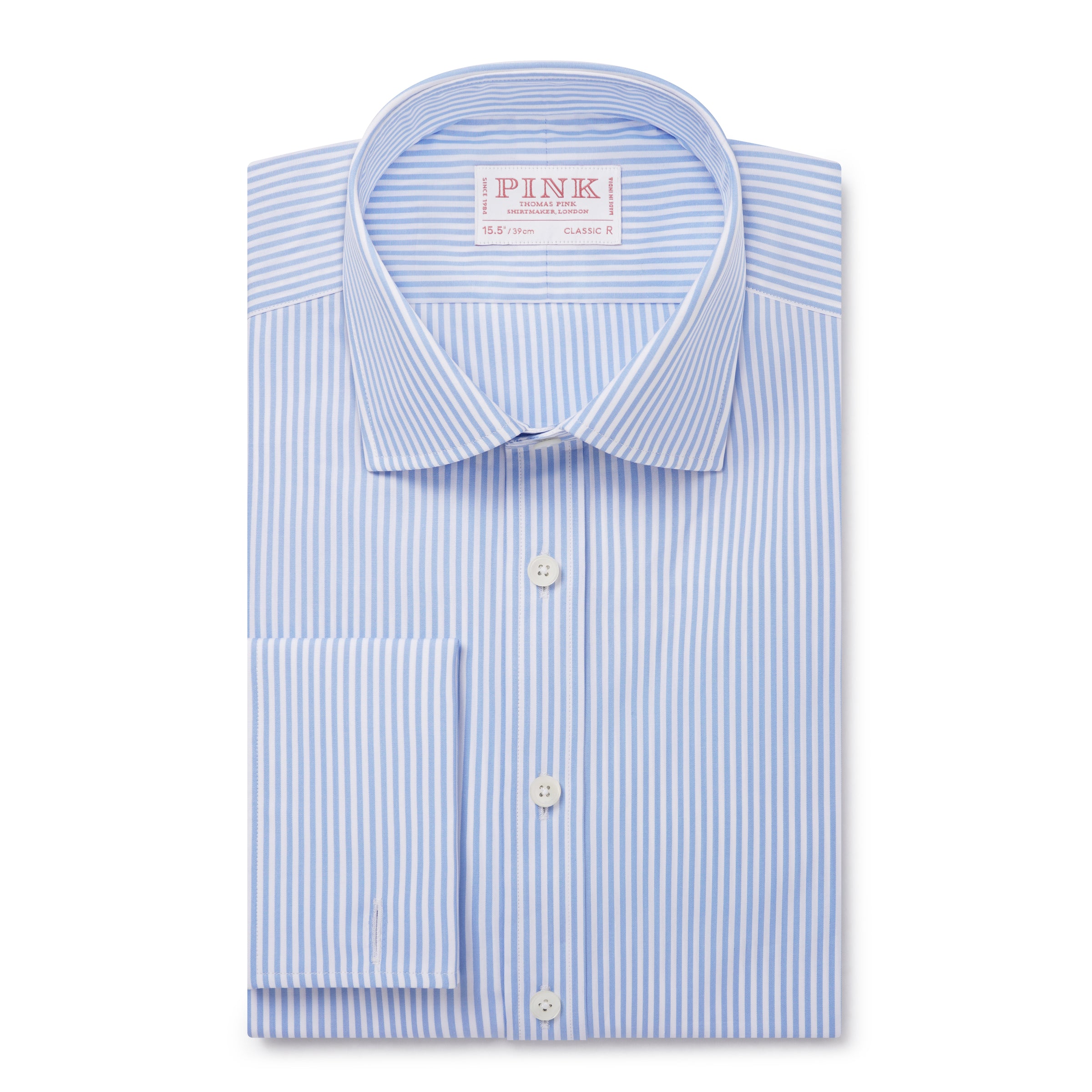 Pale Blue & White Classic Fit Double Cuff Essential Bengal Stripe Formal Shirt
