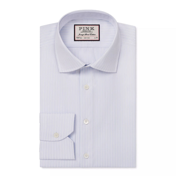 Pale Blue & White Slim Fit Formal Dobby Satin Stripe Shirt