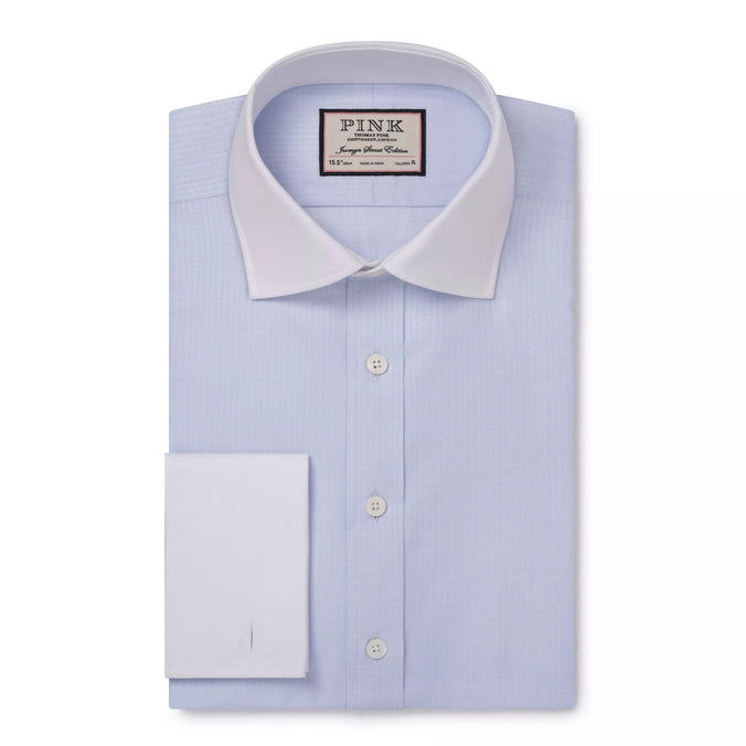 Pale Blue & White Tailored Fit Double Cuff Tonal Jaquard Square Formal Shirt