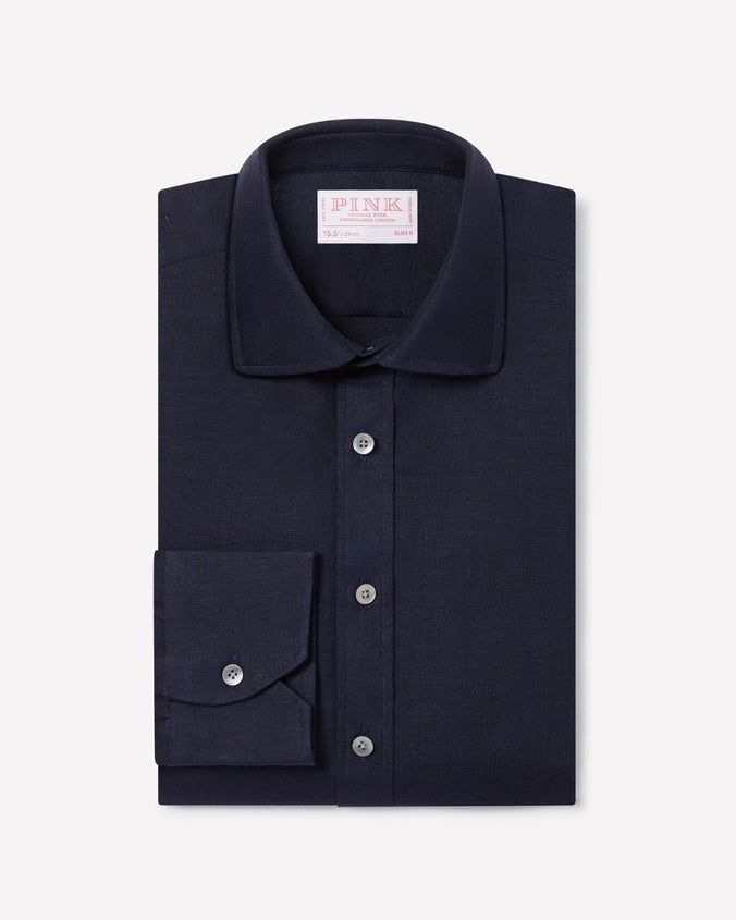 Navy Slim Fit Essential Linen Formal Shirt